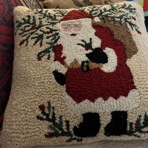 Chandler 4 Corners hooked pillow Santa Holding Tree 16” x 16”. By Laura Megroz